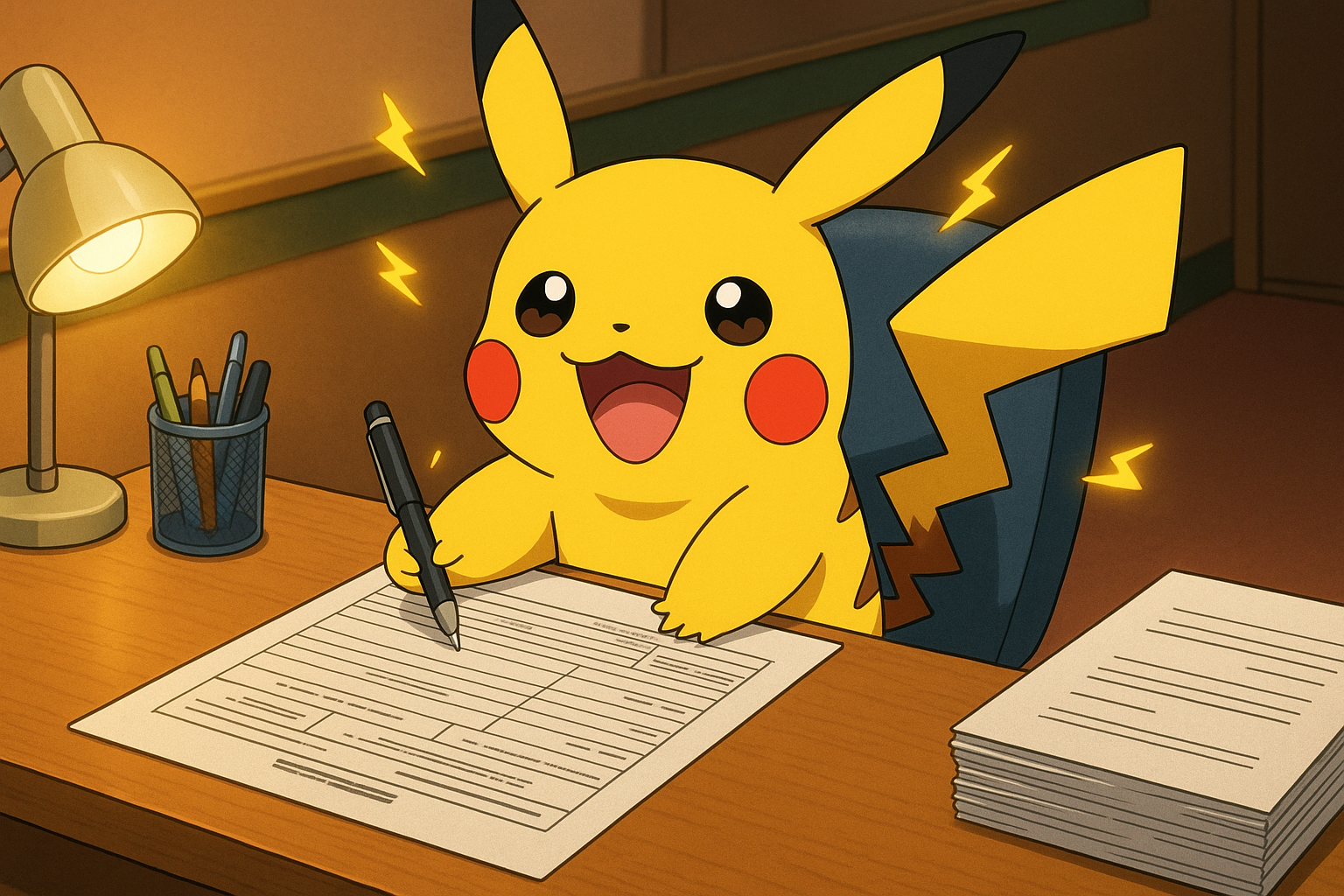 pokémon filling out form happy but at a desk