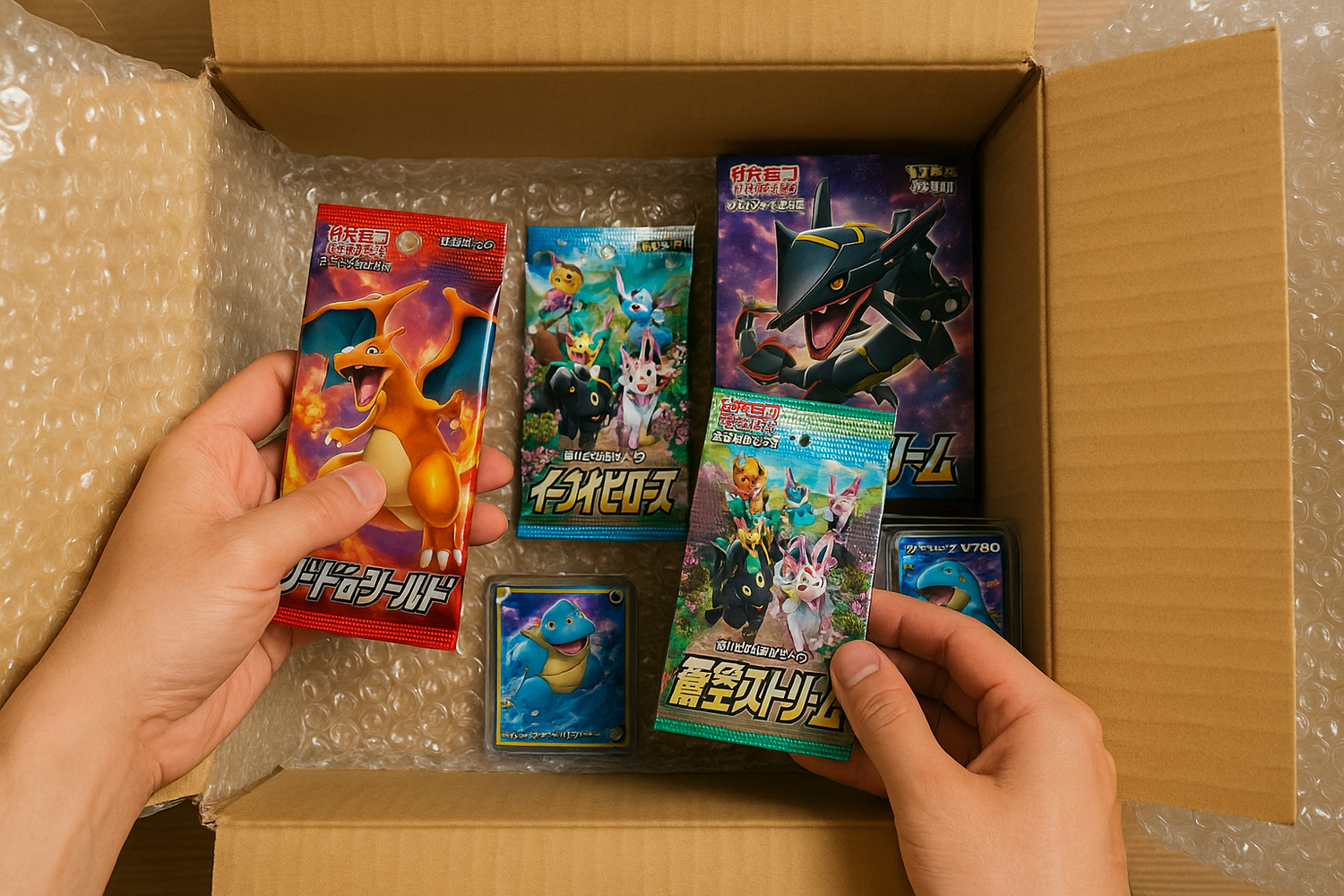 show a product being packaged its japanese pokemon show the box from the pov of someone packing